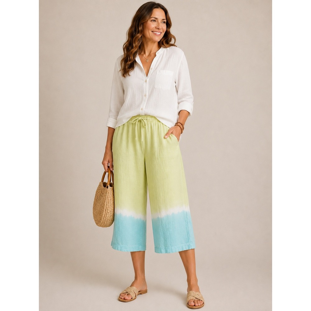 J. Jill Wide Leg Pants XL Ombre Lime Aqua 100% Hemp Pull On Drawstring Crop
